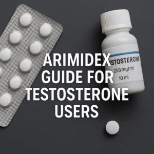 Arimidex guide for testosterone users with tablets and a testosterone vial on a dark background.