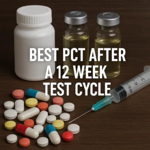 Pill bottle, two oil vials, syringe, and assorted tablets with the title “Best PCT After a 12 Week Test Cycle.”