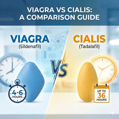 Feature image titled "Viagra vs Cialis: A Comparison Guide." A split-screen design shows a blue diamond Viagra pill with a stopwatch reading "4-6 Hours" on the left, versus a yellow oval Cialis pill with a clock icon reading "Up to 36 Hours" on the right.