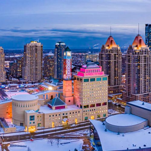 Downtown Mississauga skyline at night showing urban delivery area