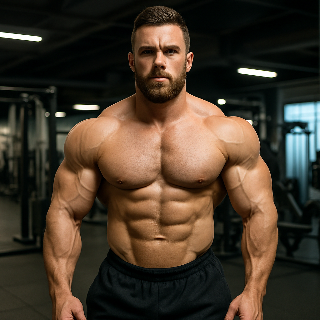 Muscular bodybuilder posing shirtless in a modern gym setting