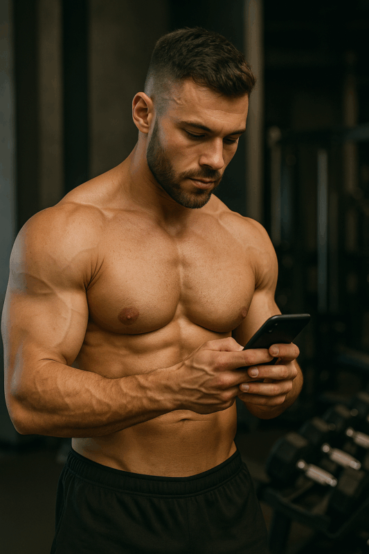 Muscular bodybuilder posing shirtless in a modern gym setting