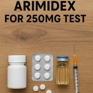 Flat lay of Arimidex tablets, a testosterone vial, and a syringe on a wood surface with the headline “Arimidex for 250mg test.”