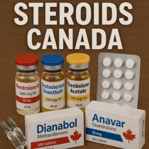 “Steroids Canada” header with vials of Nandrolone Decanoate, Testosterone Enanthate, Trenbolone Acetate, plus blister tablets and boxes labeled Dianabol and Anavar.