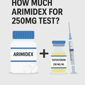 Infographic showing an Arimidex bottle beside a vial labeled “Testosterone 250 mg/mL” and a syringe with the question “How much Arimidex for 250mg test?”