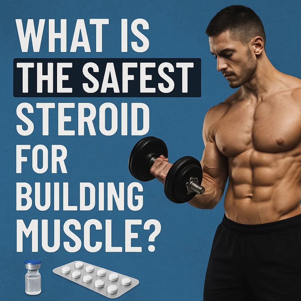 What is the safest steroid for building muscle?” banner with a muscular man curling a dumbbell beside a vial and tablet blister