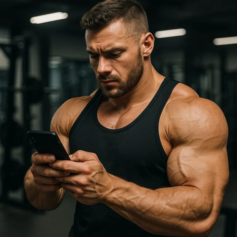 Muscular man in a black tank top checking his phone at a gym, researching where to buy steroid in Canada legally.