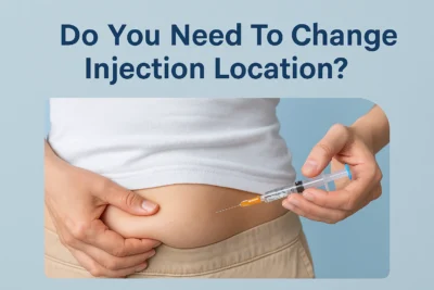 Close-up of a hand holding a syringe for a belly shot under the title “Do You Need To Change Injection Location?”