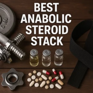 “Best Anabolic Steroid Stack” text with three vials and mixed tablets/capsules on a wood surface beside gym gear.