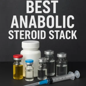 “Best Anabolic Steroid Stack” headline above assorted clear and amber vials, a white pill bottle, and a syringe on a dark background.