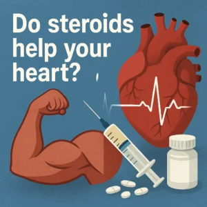 Illustration with a flexed arm, anatomical heart with an ECG line, syringe, and tablets beside the title “Do steroids help your heart?”.