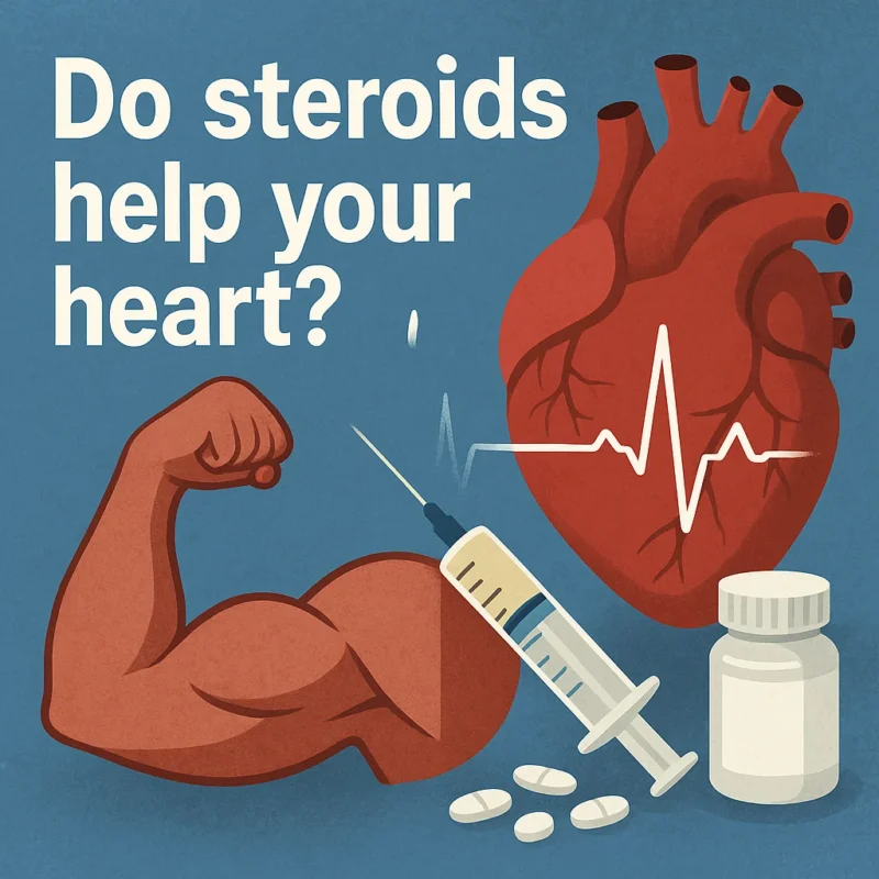 Illustration with a flexed arm, anatomical heart with an ECG line, syringe, and tablets beside the title “Do steroids help your heart?”.