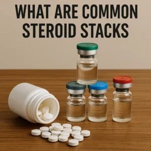 Four sealed injectable vials and a tipped pill bottle with tablets on a wood surface under the title “What Are Common Steroid Stacks.”