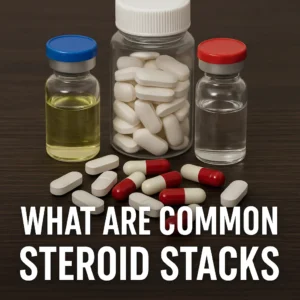 Vials with clear and yellow oil beside a pill bottle and red-white capsules on a dark table with the headline “What Are Common Steroid Stacks.”
