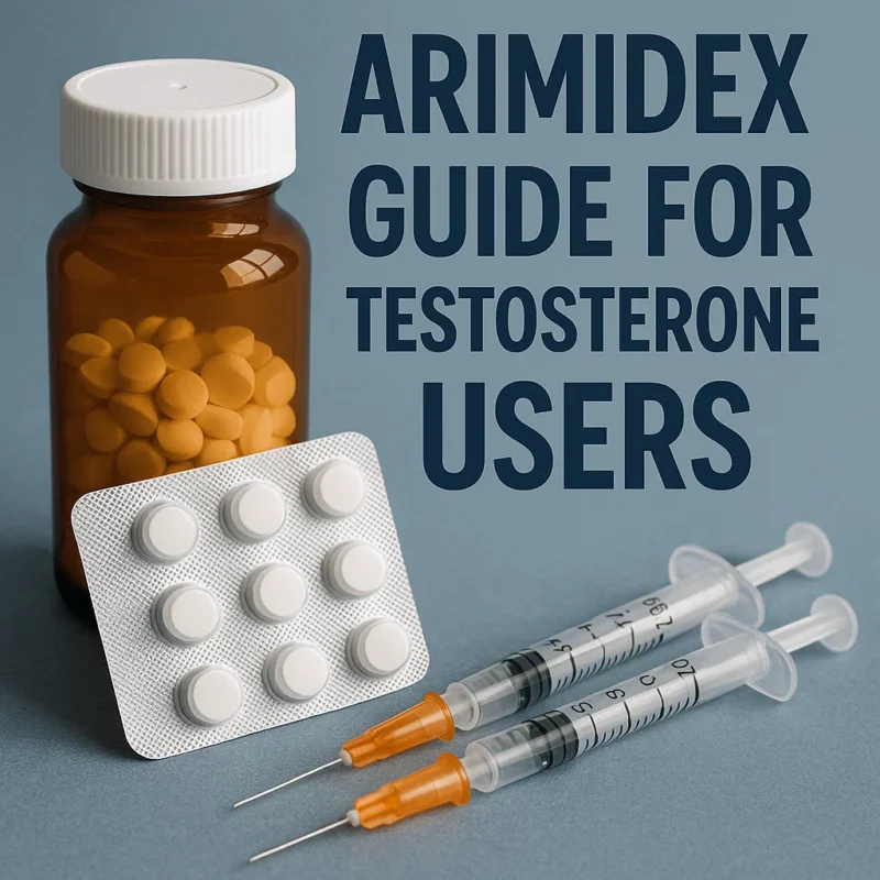 Arimidex tablets, pill bottle, and two syringes illustrating estrogen management for testosterone users.