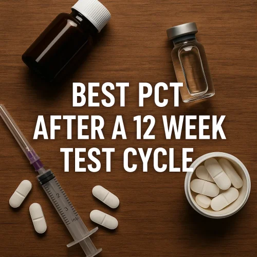 PCT supplies on a wooden table with syringe, vials, and tablets beside the text “Best PCT After a 12 Week Test Cycle.”