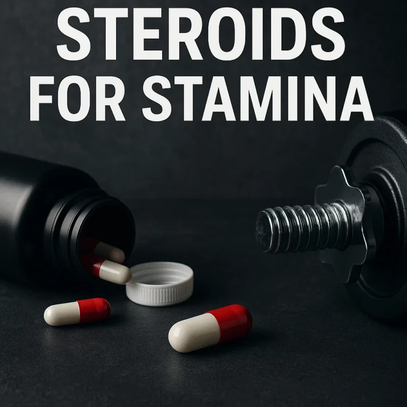 Black supplement bottle with red-and-white capsules spilled beside a dumbbell under the headline “Steroids for Stamina.”