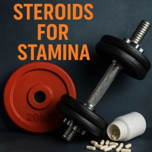 Dumbbell and red 20-kg plate with an open white pill bottle and capsules on the floor, text reading “Steroids for Stamina.”