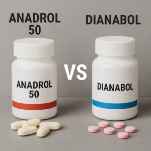 Blister packs of white Anadrol 50 tablets and pink Dianabol tablets with a VS label between them.