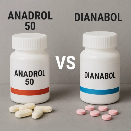 Blister packs of white Anadrol 50 tablets and pink Dianabol tablets with a VS label between them.