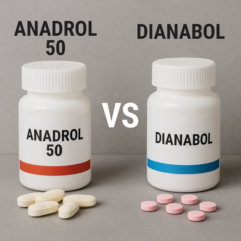 Blister packs of white Anadrol 50 tablets and pink Dianabol tablets with a VS label between them.