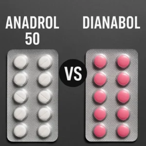 Bottles labeled Anadrol 50 and Dianabol with matching tablets arranged in front of each bottle.