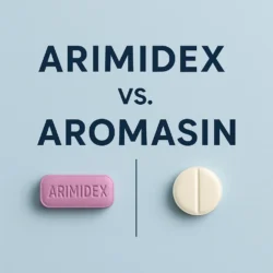 Arimidex vs Aromasin tablets side by side on a blue backdrop.