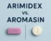 Arimidex vs Aromasin tablets side by side on a blue backdrop.