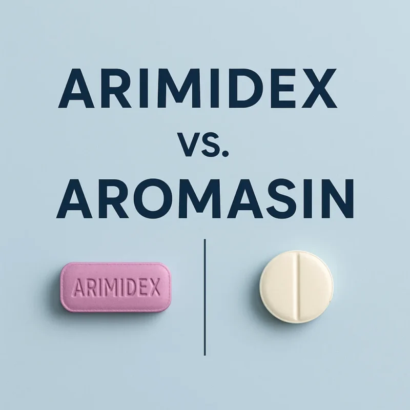 Arimidex vs Aromasin tablets side by side on a blue backdrop.