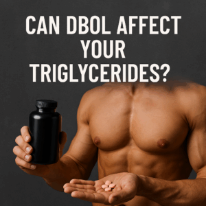 Bodybuilder holding a black pill bottle and four pink tablets with the headline “Can Dbol affect your triglycerides?”