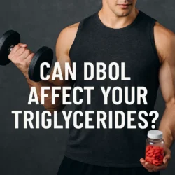 Athlete curling a dumbbell while holding a jar of red tablets with the headline “Can Dbol affect your triglycerides?”