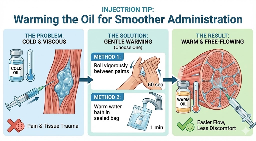 Warming oil before injection reduces post-injection pain