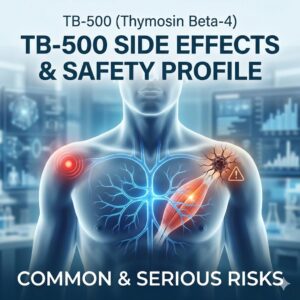 Digital medical illustration of a human torso highlighting a shoulder injury and a warning symbol near the lungs, titled "TB-500 Side Effects and Safety Profile."