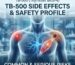 Digital medical illustration of a human torso highlighting a shoulder injury and a warning symbol near the lungs, titled "TB-500 Side Effects and Safety Profile."