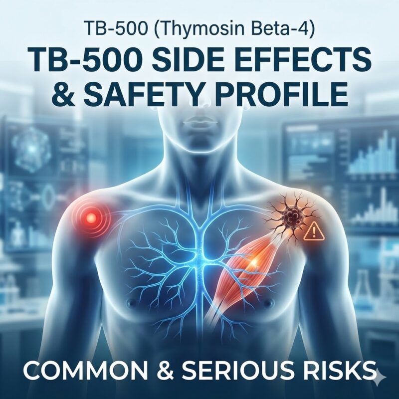 Digital medical illustration of a human torso highlighting a shoulder injury and a warning symbol near the lungs, titled "TB-500 Side Effects and Safety Profile."