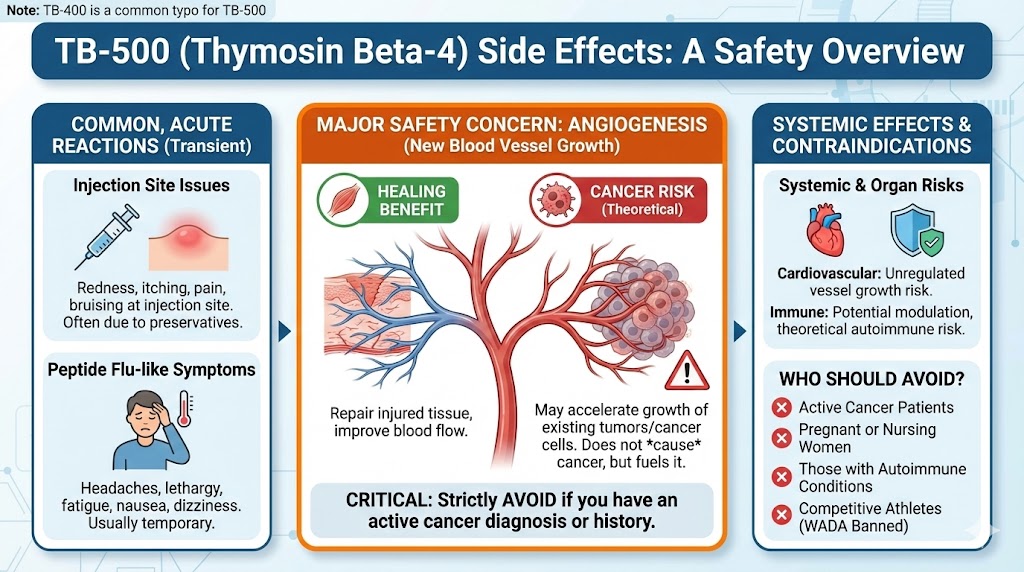 An infographic summarizing TB-500 side effects, detailing common reactions like injection site redness, the major risk of angiogenesis and cancer, and contraindications for specific users.