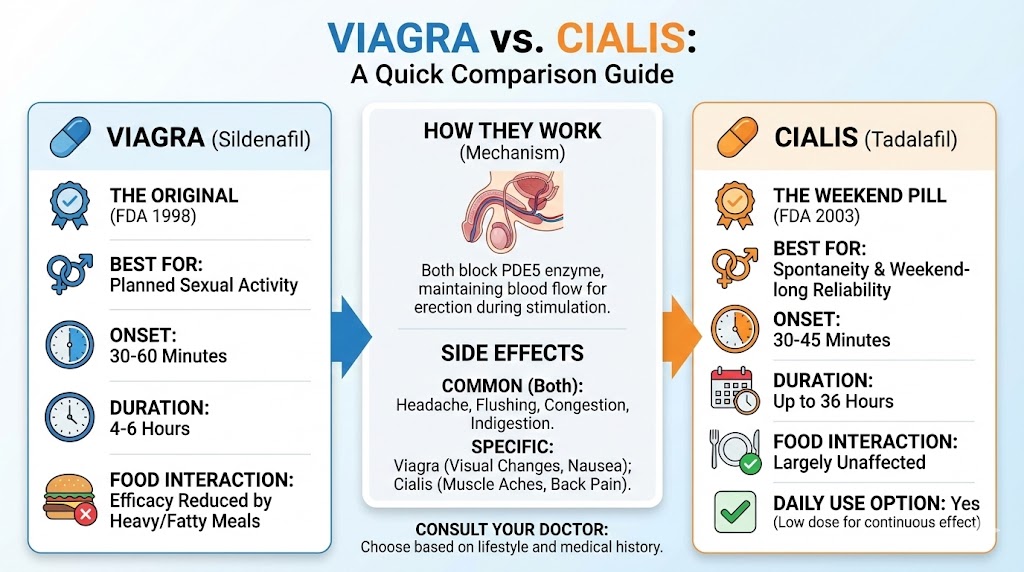 Infographic comparing Viagra (Sildenafil) and Cialis (Tadalafil). The chart contrasts Viagra's 4-6 hour duration and "planned activity" use case against Cialis's 36-hour duration and "spontaneity" use case. It also details the PDE5 mechanism, common side effects like flushing and headaches, and food interactions.