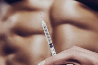 A detailed close-up of a syringe used for performance enhancement with a blurred view of defined abdominal muscles in the background.