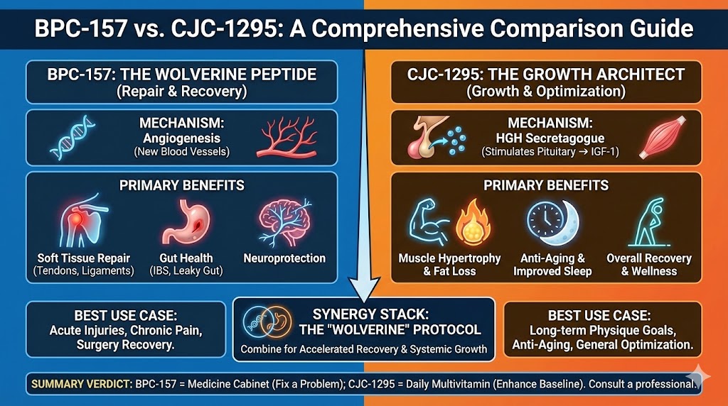 Infographic comparing BPC-157 (The Wolverine Peptide) and CJC-1295 (The Growth Architect). The chart contrasts BPC-157's focus on repair and angiogenesis against CJC-1295's focus on growth hormone stimulation and muscle hypertrophy.