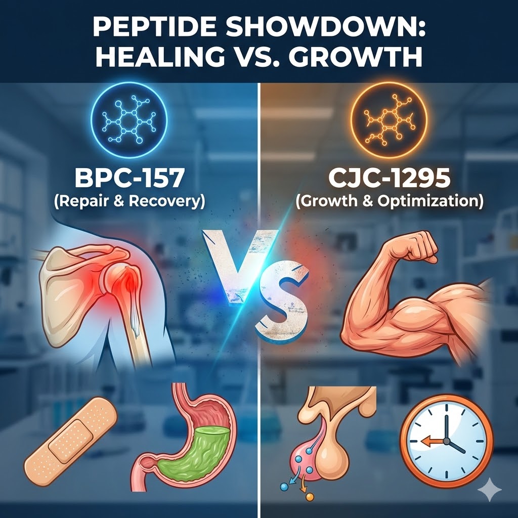 Featured image titled "Peptide Showdown: Healing vs. Growth." A split design illustrates BPC-157 targeting shoulder joints and stomach health on the left, versus CJC-1295 targeting muscle growth and pituitary function on the right.