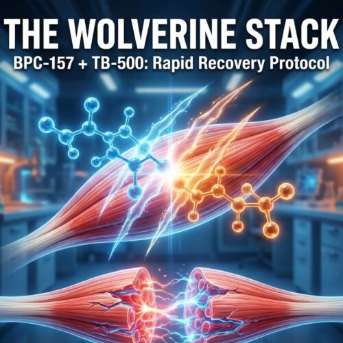 Featured image titled "The Wolverine Stack: BPC-157 + TB-500 Rapid Recovery Protocol." A 3D medical illustration shows a blue peptide molecule and an orange peptide molecule repairing a torn muscle fiber.