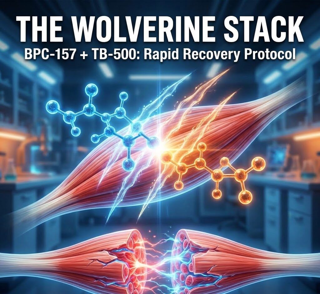Featured image titled "The Wolverine Stack: BPC-157 + TB-500 Rapid Recovery Protocol." A 3D medical illustration shows a blue peptide molecule and an orange peptide molecule repairing a torn muscle fiber.