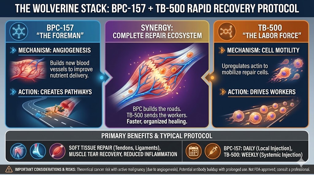 Infographic detailing the "Wolverine Stack" recovery protocol. It compares BPC-157 (The Foreman) which builds blood vessels, against TB-500 (The Labor Force) which mobilizes cells, illustrating how they synergize to repair soft tissue.