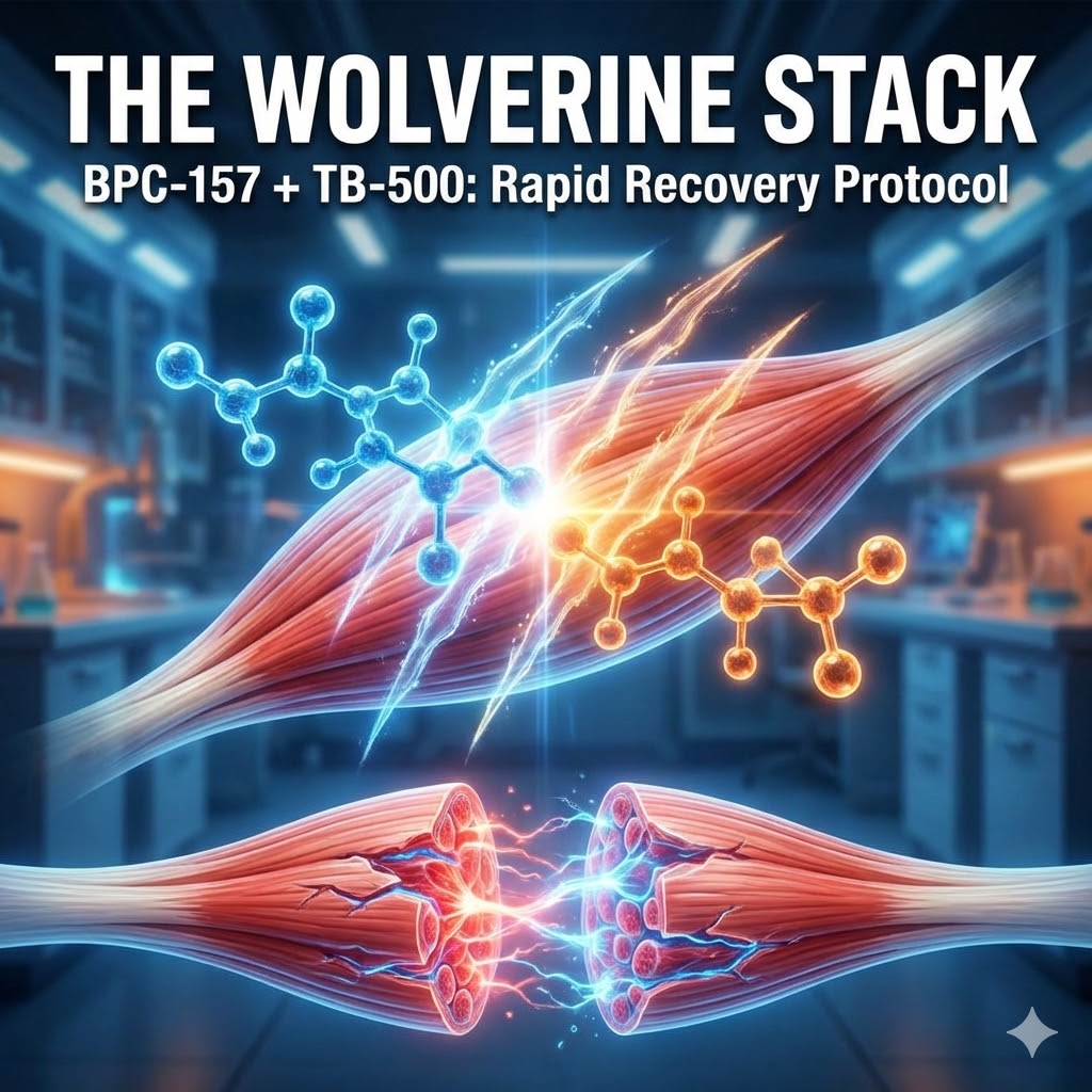 Featured image titled "The Wolverine Stack: BPC-157 + TB-500 Rapid Recovery Protocol." A 3D medical illustration shows a blue peptide molecule and an orange peptide molecule repairing a torn muscle fiber.
