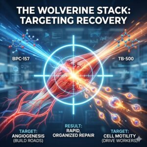 Featured image titled "The Wolverine Stack: Targeting Recovery." A futuristic graphic shows BPC-157 and TB-500 molecules converging on a muscle injury through a crosshair sight, representing targeted healing.