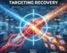 Featured image titled "The Wolverine Stack: Targeting Recovery." A futuristic graphic shows BPC-157 and TB-500 molecules converging on a muscle injury through a crosshair sight, representing targeted healing.