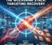 Featured image titled "The Wolverine Stack: Targeting Recovery." A futuristic graphic shows BPC-157 and TB-500 molecules converging on a muscle injury through a crosshair sight, representing targeted healing.