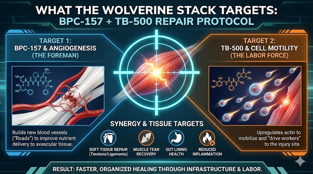 Infographic titled "What The Wolverine Stack Targets." It breaks down the protocol into two main targets: BPC-157 targeting angiogenesis to build blood vessels, and TB-500 targeting cell motility to mobilize repair cells.