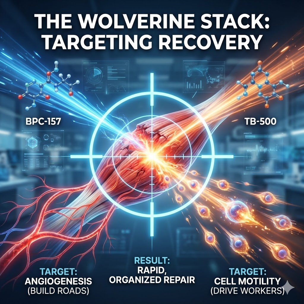 Featured image titled "The Wolverine Stack: Targeting Recovery." A futuristic graphic shows BPC-157 and TB-500 molecules converging on a muscle injury through a crosshair sight, representing targeted healing.